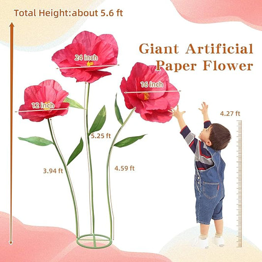 5.9 Ft Large Paper Artificial Flowers,Giant Flowers for Decoration,Standing Huge Handcrafted Poppy Flowers for Garden,Hotel,Office,Photography Props,Wedding,Art Gallery,Shop Window Display(B-Red)