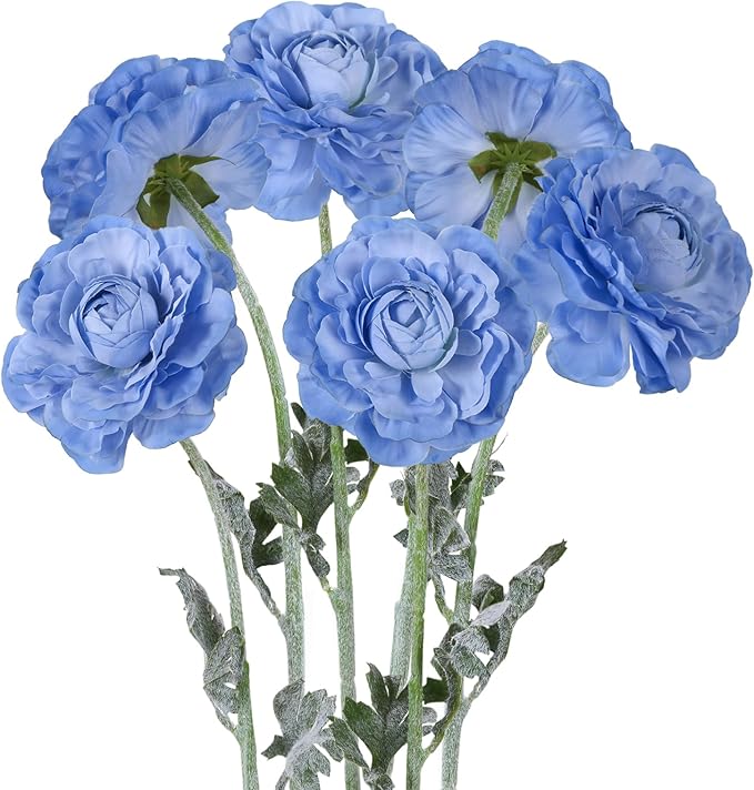 6Pcs Blue Ranunculus Artificial Flowers 19.7’’ Silk Ranunculus Flowers Realistic Faux Peonies for Wedding Bouquet Home Party Garden Outdoor Decoration(Blue)
