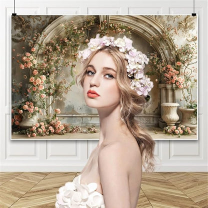 10x8ft Spring Flowers Wedding Backdrop Vintage European Palace Wall Pink Rose Floral Photography Banner for Womens Day Birthday Mothers Day Bridal Shower Valentines Day Girl Women Portrait