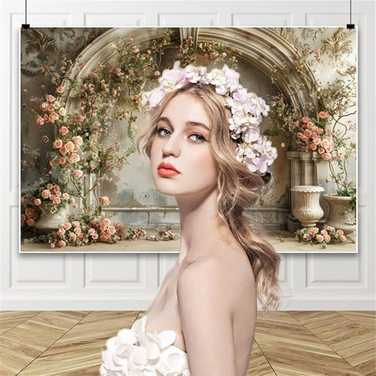 5x3ft Vintage Flower Building Backdrop Pink Rose Wall Boho Floral Wedding European Arch Wildflower Romantic Photography Background for Maternity Baby Shower Bridal Shower Birthday Decor