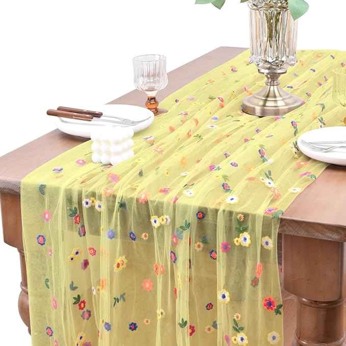 Joanlody 3pcs Yellow Embroidery Daisy Christmas Table Runner Florals Seasonal Tulle Table Runner Holiday Kitchen Dining Table Decoration Wedding Party