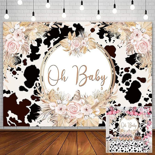 7x5ft Boho Holy Cow Baby Shower Backdrop Oh Baby Black and White Cow Print Bohemia Pink Floral Pampas Grass Photography Background Farm Theme Party Decoration Banner Supplies Photo Studio Props