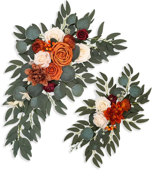 Orange Wedding Arch Flowers, Faux Flower Swag Set of 2, Orange White Floral Swag for Wedding Arch Welcome Signs, Reception Ceremony Signs Decor