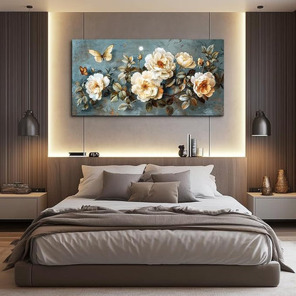 PHAOHUAXM Large Canvas Wall Art For Bedroom Wall Decorations For Living Room Office Decor Abstract Pictures White Flower Dining Room Painting Artwork Modern Framed Posters Home Decoration 24"x48"