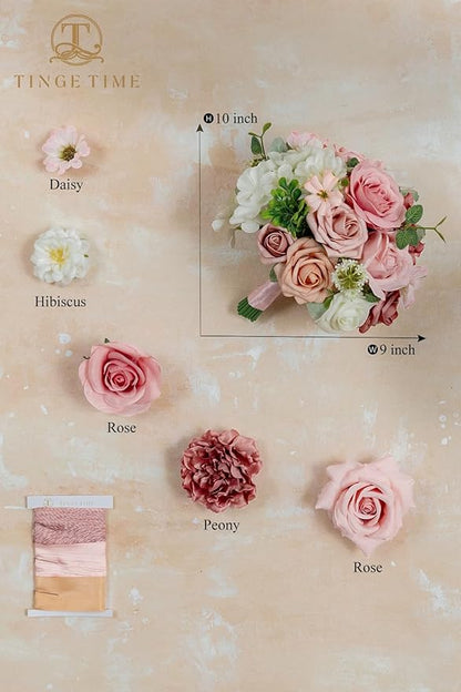 TINGE TIME 9 inch Bridal Bouquets for Bride, Artificial Silk Flowers Tossing Bouquet, Bride Bouquets for Wedding,Ceremony, Anniversary (DustyRose&Cream)