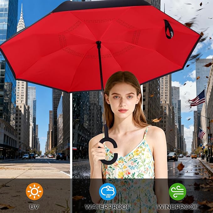 Inverted Umbrella, 49 Inch Double-Layer Vented Reverse Umbrella, Windproof Waterproof UV Protection, Lightweight C-Handle, Fiberglass Ribs, Steel Shaft, Travel/Commute/Car Use, With Sleeve