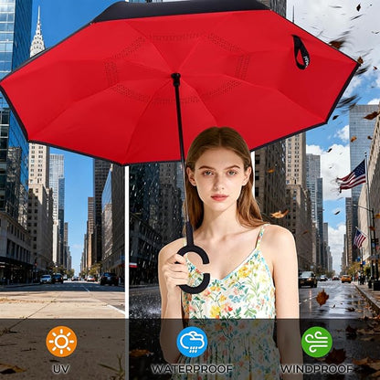 Inverted Umbrella, 49 Inch Double-Layer Vented Reverse Umbrella, Windproof Waterproof UV Protection, Lightweight C-Handle, Fiberglass Ribs, Steel Shaft, Travel/Commute/Car Use, With Sleeve