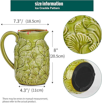 Sungmor Embossed Ceramic Pitcher Vase, Decorative Green Farmhouse Ceramic Pitcher for Flowers, Vintage Textured Vase for Table, Kitchen & Home Decor, 8 Inch with Ice Crackle Glaze Finish