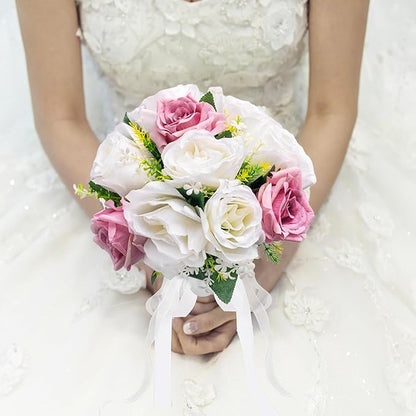 Wedding Bouquets for Bride - Realistic Silk Flowers Artificial Roses, 8 Inch Bridesmaid Bouquet for Ceremony, Church, Anniversary, and Home Decoration (White & Pink)