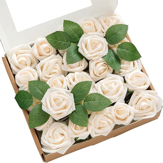 Ling's moment Artificial Wedding Flowers 1.5" Rose Buds and 2" Petite Roses 25pcs Cream w/Stem for DIY Wedding Boutonniere Wrist Corsages Bouquets Centerpieces Arrangements