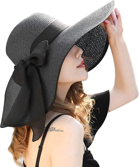 DRESHOW Beach Hats for Women Big Straw Wide Brim Summer Hat Floppy Foldable Roll up Cap Sun Hat UPF 50+