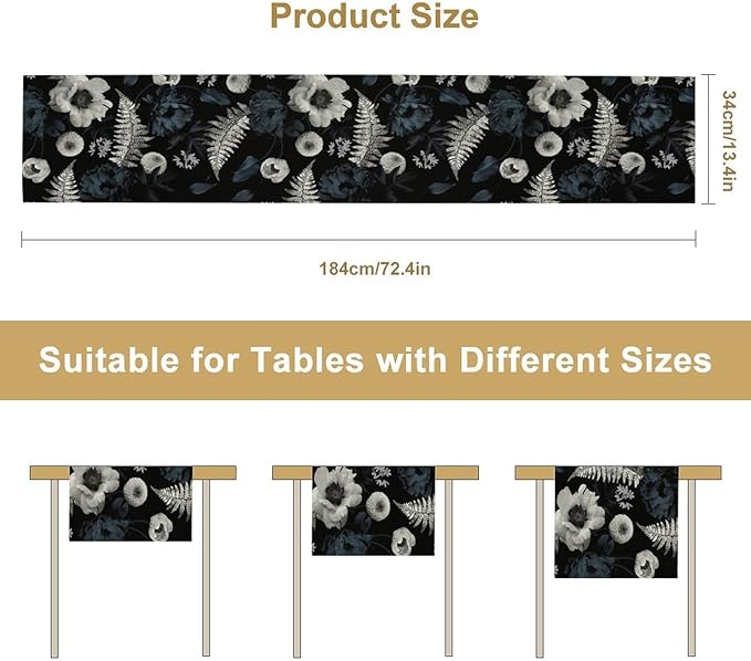 Vintage Floral Table Runner,Gothic Blue White Retro Floral Plant Print Table Runner for Home Kitchen Table Dining Indoor Outdoor Party Decor 13x108 Inch