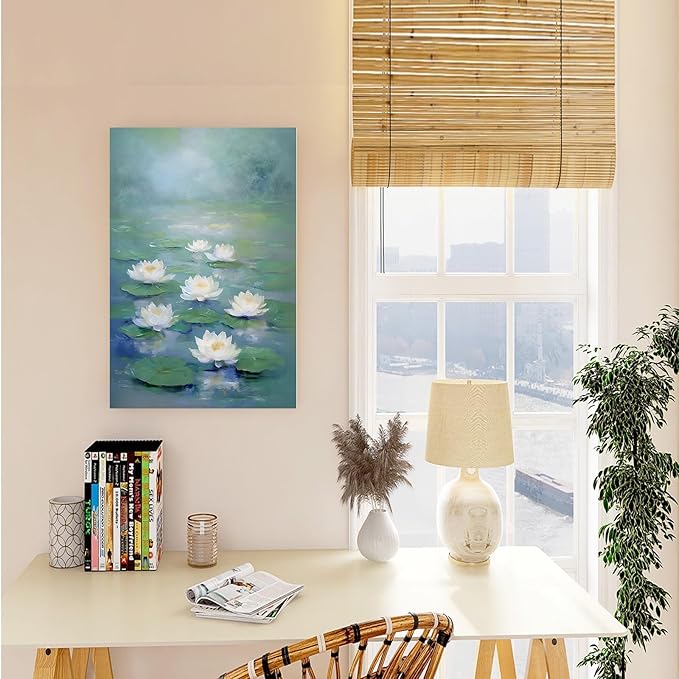 Zen wall art Delicate white lotus flower floating on calm water Vintage oil painting print Serene aquatic wall art creates a tranquil home decor 20x30in Wood Framed