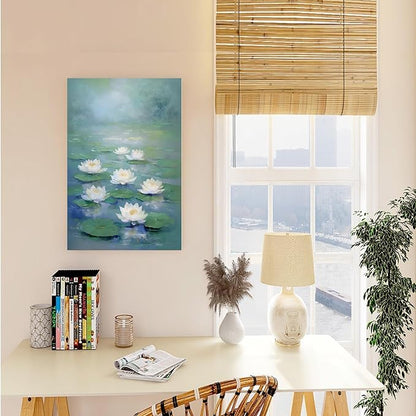 Zen wall art Delicate white lotus flower floating on calm water Vintage oil painting print Serene aquatic wall art creates a tranquil home decor 16x24in Frameless