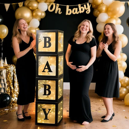 Ledido Baby Boxes with Letters for Baby Shower Decoration, 4 pcs Clear Balloon Boxes Blocks with LED Fairy String Lights 38 Balloons for Boy Girl Gender Reveal Birthday Party (Black)