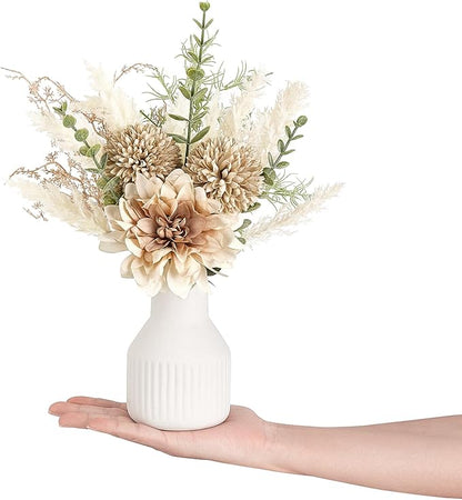 Mkono Small Artificial Flowers in Ceramic Vase 13.5" Centerpieces Coffee Table Decor, Silk Flower Arrangements for Home Decor Indoor Fake Flower Bouquet for Bathroom Dining Room Kitchen Wedding Brown