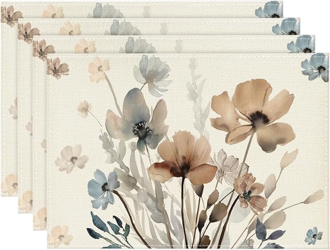 Artoid Mode Brown Poppy Floral Leaves Fall Placemats Set of 4, 12x18 Inch Seasonal Spring Table Mats for Party Kitchen Dining Decoration