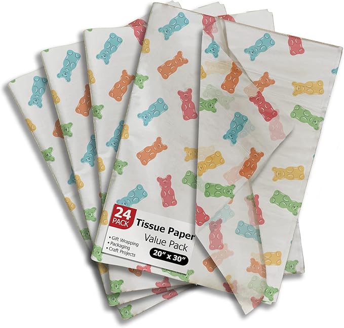 Pro Supply Global Gummy Bears Printed Tissue Paper for Gift Bags or Boxes and Wrapping - Candy Bulk Decorative Art Tissue Paper for Packaging and Gifting | 24 Sheets 20" x 30"