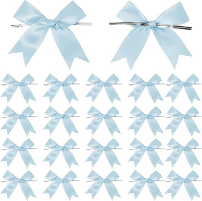 50 Counts Blue Twist Tie Bows 3.1" Pre-Tied Satin Ribbon Bow Decor Mini Twist Tie Bows for Gift Wrapping Treat Bags Cake Bridal Baby Shower Birthday Party Favors Wedding Decorations