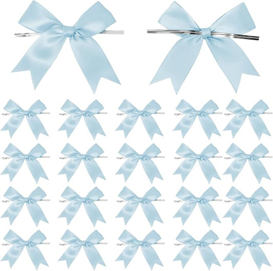 50 Counts Blue Twist Tie Bows 3.1" Pre-Tied Satin Ribbon Bow Decor Mini Twist Tie Bows for Gift Wrapping Treat Bags Cake Bridal Baby Shower Birthday Party Favors Wedding Decorations