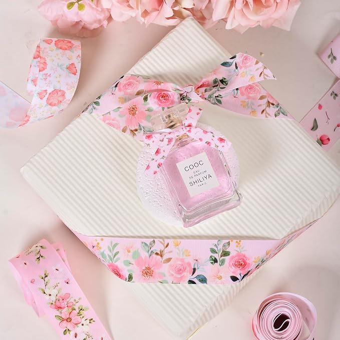 Floral Grosgrain Ribbon, 5 Rolls Flower Pattern Ribbon Spring Summer Fabric Decorative Craft Ribbon Roll for Gift Wrapping Decor Hair Bow Sewing Wreath Crafts (Pink Floral, 2.5Inch X 20Yards)