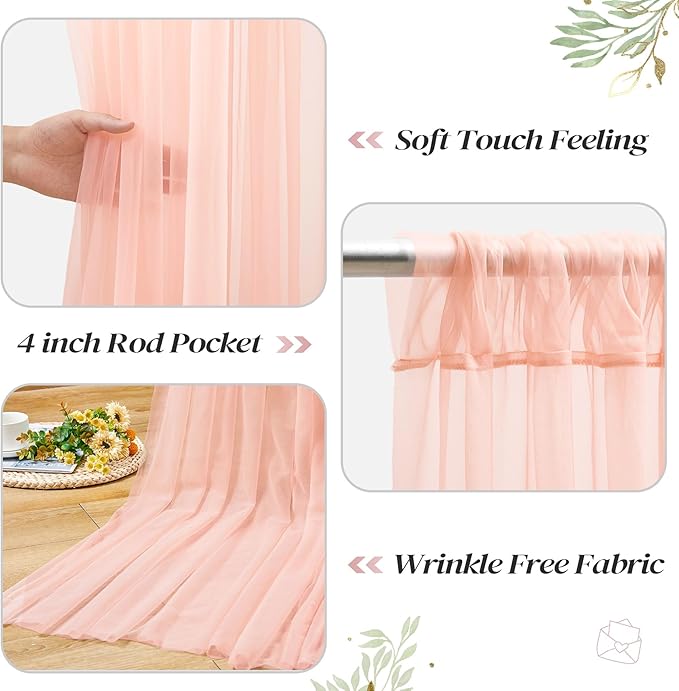 10ft x 8ft Peach Backdrop Curtain with Lights String for Parties, Sheer Tulle Wedding Photo Backdrops Drapes for Baby Shower Birthday Party Decorations Background for Photography