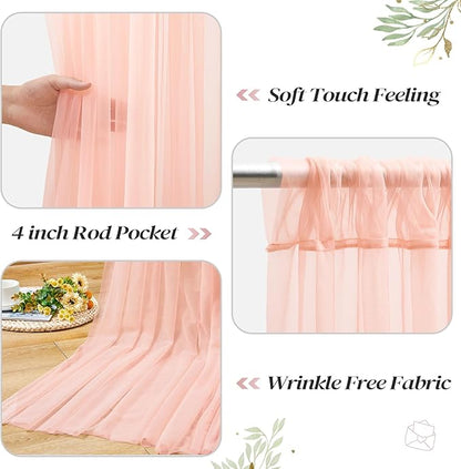 10ft x 8ft Peach Backdrop Curtain with Lights String for Parties, Sheer Tulle Wedding Photo Backdrops Drapes for Baby Shower Birthday Party Decorations Background for Photography
