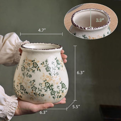 Vintage Flower Vase, Chinoiserie Floral Ceramic Vase for Home Decor, Green and White Decorative Vases for Centerpiece Table Decorations, Vases for Living Room Kitchen Entryway Mantle Shelf Decor Vase