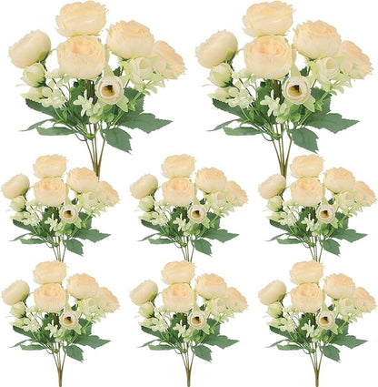 8 Pack Champagne Peonies Artificial Flowers, Cream Fake Silk Hydrangea Bouquet for Bridal Wedding Home Table Decor Reusable Dining Opening Ceremony Birthday Arrangement Faux Floral