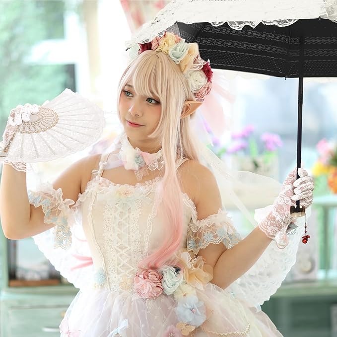 Princess Lace Parasol Folding Gothic Lolita Umbrella Lace Parasol Gloves Fan Set Flower Printed Lining for Cute UV Sun Protection Umbrella for Christmas Wedding Cosplay Photoshoot Decoration