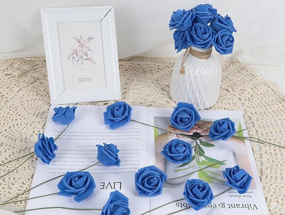 50PCS Foam Roses with Pearls 2.56in Royal Blue Roses Artificial Flowers Bulk Foam Flowers with Stem for Wedding, Bridal Shower, Cake, Graduation and Home Decor(Royal Blue)