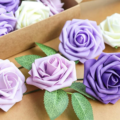 AmyHomie Artificial Flower Seriesc Purple Rose 25pcs Real Looking Fake Roses w/Stem for DIY Wedding Bouquets Centerpieces Arrangements Party Baby Shower Valentines Day Christmas Tree Decorations
