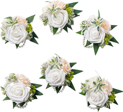 Meldel White Wrist Corsage, Set of 6, Homecoming Wrist Flower Girl/Mother Corsages Wristlet Décor Perfect for Bride Bridesmaids Wedding Guests Hand Flower, Proms, Party, Ceremony Anniversary
