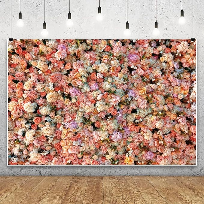 Leowefowa Floral Wall Photography Backdrop 5x3ft Colorful Rose Flower Romantic Wedding Background for Lover Spring Pink White Rose Petal Engagement Party Banner Decor Photo Supplies Prop