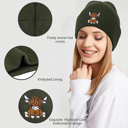 Scottish Highland Cow Beanie Hat, Cute Funny Cow Embroidery Winter Knit Skull Cap for Adult Men Women