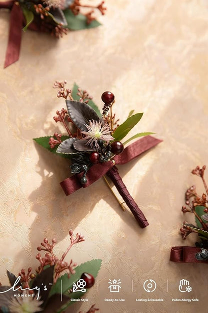 Ling's Moment Boutonniere for Men, 10pcs Groomsmen Guest Boutonniere, Artificial Flowers for Wedding Décor/Prom/Homecoming,etc.Black Baccara Burgundy