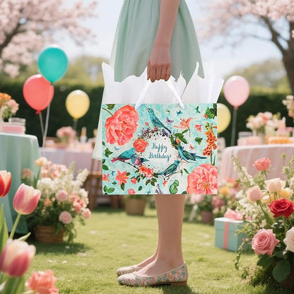 ASYEHJNR 13" Large Size Happy Birthday Gift Bag Teal Happy Birthday Sign with Birds Butterflies Floral Flower Pattern Retro Gift Bag with Greeting Card and Tissue Paper and Handle Ribbon for Girls Women Bday