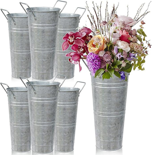 6pcs 9inch-Galvanized Metal Vases Farmhouse French Flowers Bucket Vase with Handles Rustic Tin Flower Holder for Cut Plants Housewarming Gift for Balcony Garden Courtyard