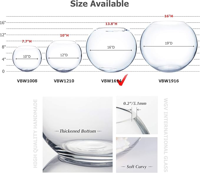 WGV Large Bowl Glass Vase, Diameter 16", Height 14", (Multiple Sizes Choices) Clear Huge Round Bubble Vase Jar, Floral Planter Terrarium for Wedding Event Home Decor, 1 Piece (VBW1614)