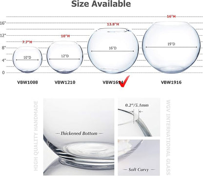 WGV Large Bowl Glass Vase, Diameter 16", Height 14", (Multiple Sizes Choices) Clear Huge Round Bubble Vase Jar, Floral Planter Terrarium for Wedding Event Home Decor, 1 Piece (VBW1614)