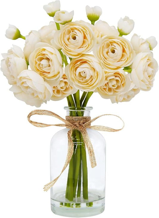 Ranunculus Artificial Flowers with Vase, 8 Pcs Faux Silk Ranunculus Flower in Vase, Small Flower Arrangements for Home Decor Indoor, Table Centerpiece. (Champagne)