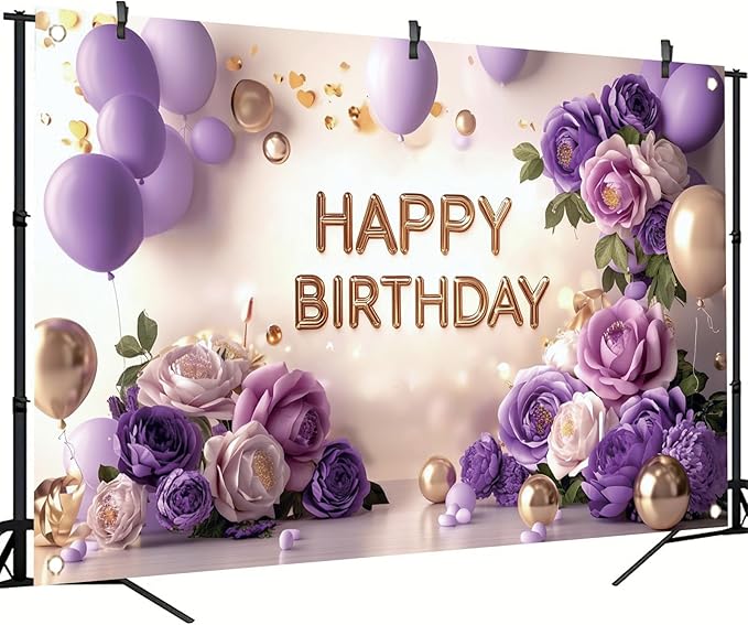 Purple Gold Happy Birthday Backdrop Banner Elegant Flowers Balloons Photography Background Glitter Birthday Decorations for Women Girls Party Supplies Photo Booth Props 71x43 Inch