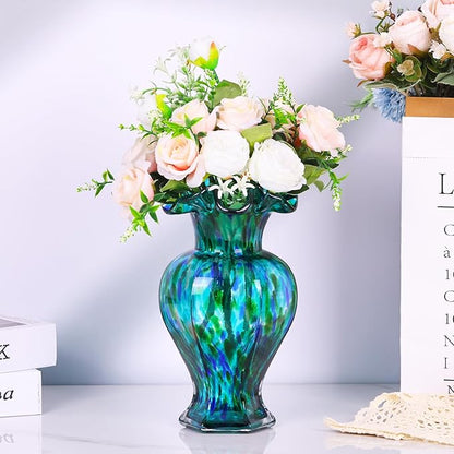 LCCCK 9.5" Tall Teal Blue Glass Vase Beautiful Hand Blown Glass Decor Flowers Vases for Centerpieces, Modern Murano Glassde Art Teal Vase, for Home Decor Table Entryway Wedding Decoration