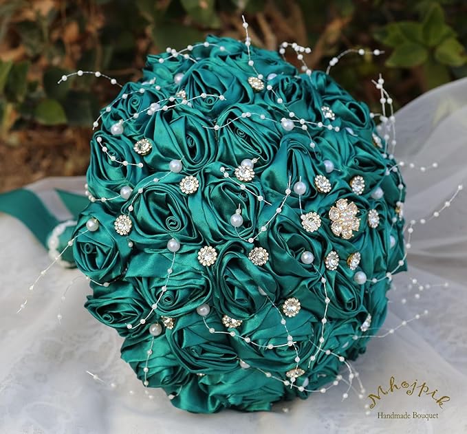 Bridal Wedding Bouquet Round Bling Brooch Bouquet Throw Toss Artificial Rose Flower Bunch for Bride Bridesmaid Wedding Quinceanera(Dark Green, 9.8")