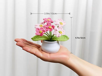 Crochet Flowers Pink Handmade Knitted Potted Flower Plants, Christmas Birthday Gifts for Coworkers Women Teacher Anniversary Thanksgiving, Cute Desk Home Office Accessories Decor