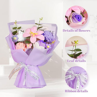 Crochet Flowers Bouquet 8PCS, Handmade Knitted Artificial Crochet Flower Gifts Tulips Roses Daisies Carnations, Preserved Flowers for Mother's Day Valentine's Day Birthday Home Decor- Purple (Purple)