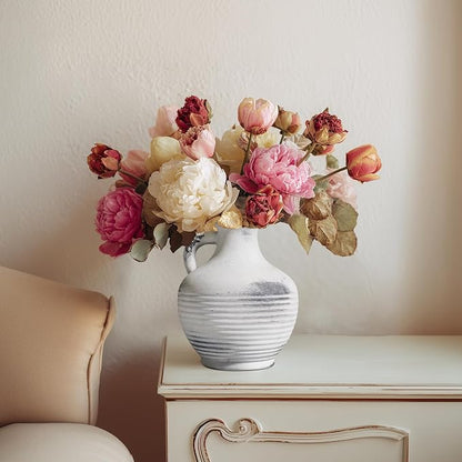 Rustic Farmhouse Vase, Ceramic Terracotta Vase with Handle, 6 inch Pottery Decorative Flower Vases for Home Decor, Table, Living Room, Bathroom, Shelf, Mantel Decor Grey