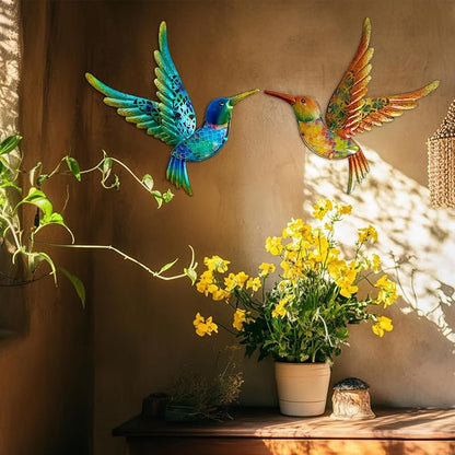 HONGLAND Metal Hummingbird Wall Art 12inch Metal Birds Wall Sculpture Garden Decoration Outdoor Statue Patio Fence Hanging Plaques 2 Pack（Multicolor）
