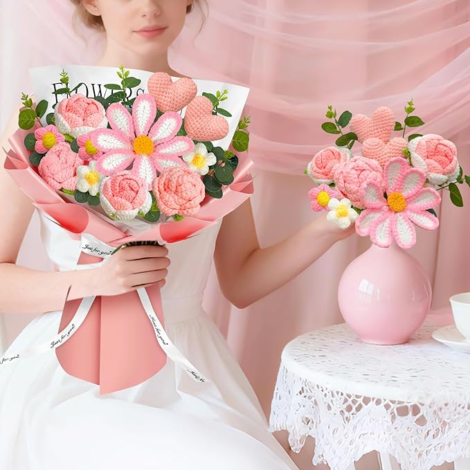 Crochet Flowers Bouquet with Lights,Handmade Knitted Roses Flowers, Gesang Flower, Crochet Heart, Crochet Gift for Wedding, Birthday, Anniversary, Mother’s Day for Her, Girlfriend, Wife, Women (Pink)
