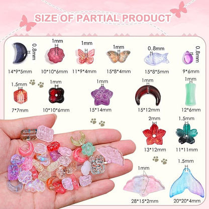 150-200Pcs Assorted Glass Beads for Jewelry Making Colorful Beads of Various Flower Butterfly Geometric Animal Bow Charms Crystal Loose Bead for Bracelet Necklace Earrings Pendant Crafts DIY